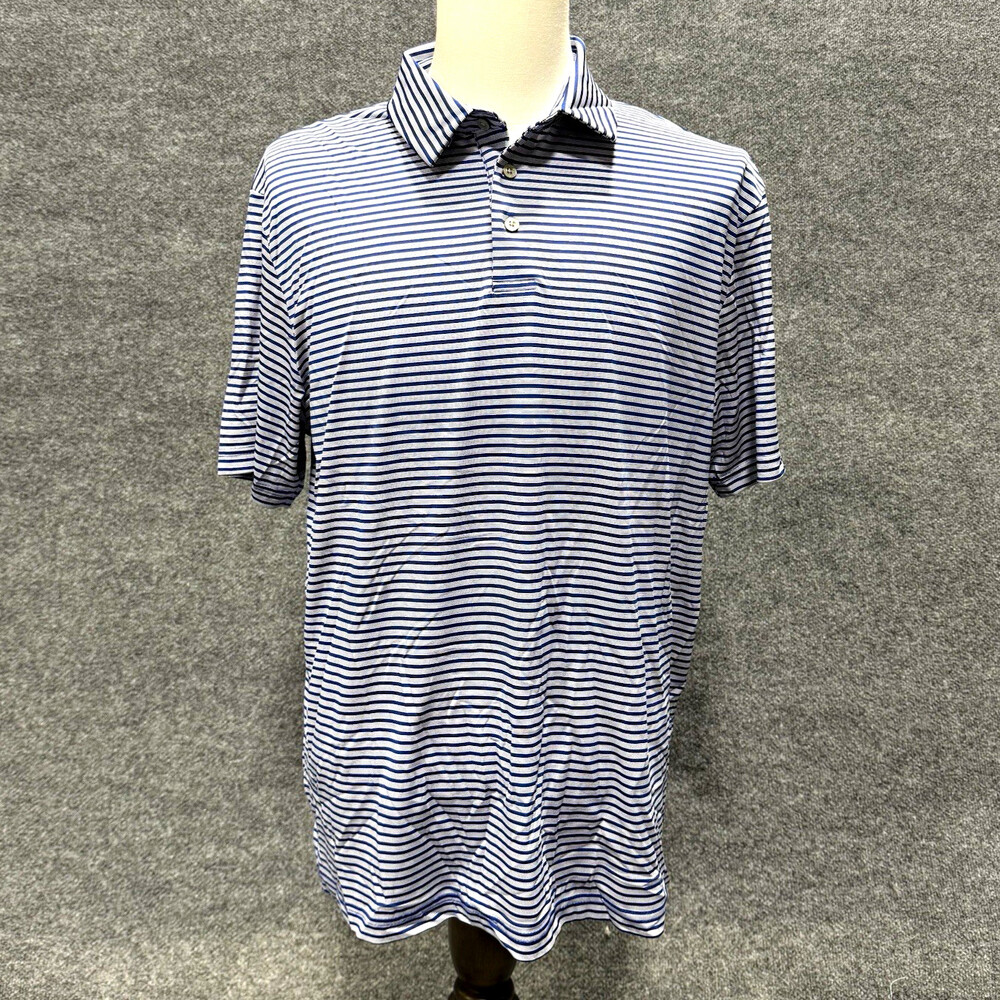 PGA Tour Polo Shirt Men's Large Blue White Striped Golf Short Sleeve